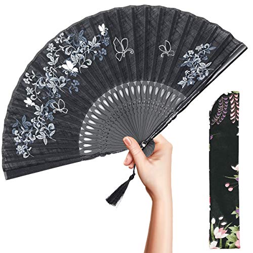 OMyTea 'Morning Glory' Faltfächer für Frauen, japanischer/chinesischer Vintage-Retro-Stil, mit einem Stoffbeutel zum Schutz Schwarz OMyTea 'Morning Glory' Faltfächer für Frauen, japanischer/chinesischer Vintage-Retro-Stil, mit einem Stoffbeutel zum Schutz Schwarz von OMyTea