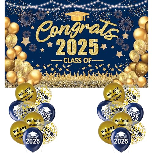 Marineblaue und goldene Abschlussdekorationen, Banner der Klasse 2025, Banner mit 18 Luftballons im Set – großes Congrats Grade 2025 Abschlussdekoration, marineblaue Luftballons für Abschlussfeiern, Marineblaue und goldene Abschlussdekorationen, Banner der Klasse 2025, Banner mit 18 Luftballons im Set – großes Congrats Grade 2025 Abschlussdekoration, marineblaue Luftballons für Abschlussfeiern, von ONANNA