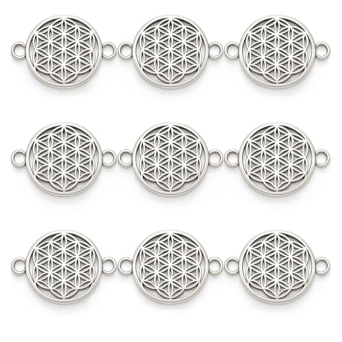 ONDEGO® 10 Stück Lebensblume Schmuckverbinder, 2 cm, Antik Silber, mit optionaler Nylonschnur und Bedeutungskarte mit Umschlag (10 Stk Lebensblume Verbinder) von ONDEGO