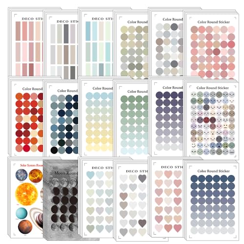 ONEBO 72 Blätter Farbig Selbstklebend Sticker,Runde Punktaufkleber,Herzform Etiketten,für Scrapbooking Verschönerung,Umschlag,Alben (18 Stil×4 Blätter) von ONEBO