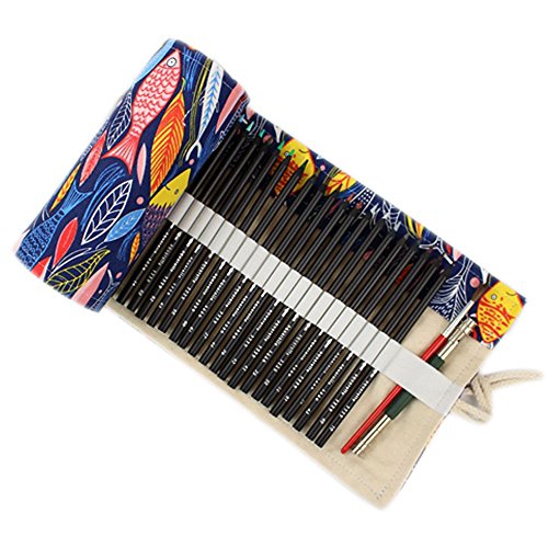 ONEGenug 48 Löcher Leinwand Farbstifte Tasche Feder-Mäppchen, Roll-up Bleistift Tasche, Bunt-Stifte für Malen, Schreiben, Ausmalen von ONEGenug