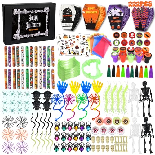 ONEHAUS Halloween Party Mitgebsel Kindergeburtstag, 222 Stück Halloween Party Deko Spielzeug Tüten Gastgeschenke für Kinder mit Geschenke Box, Pinata Füllung Tattoo Spinne Fledermaus Fingerlinge Ring von ONEHAUS