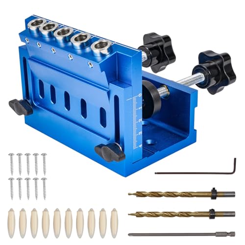 ONEVAN Pocket Hole Jig, 15° Schrägloch Bohrschablone mit 5 Taschenlöcher, Einstellbar Taschenlochbohrer Dübellochklemmen für Holzbearbeitun, inkl. Bohrer, 10 Selbstschneidenden Schrauben und Kappen ONEVAN Pocket Hole Jig, 15° Schrägloch Bohrschablone mit 5 Taschenlöcher, Einstellbar Taschenlochbohrer Dübellochklemmen für Holzbearbeitun, inkl. Bohrer, 10 Selbstschneidenden Schrauben und Kappen von ONEVAN