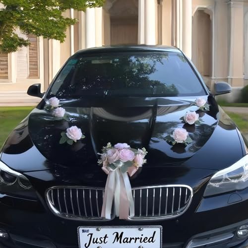 Hochzeit Auto Dekoration Girlande mit künstlichen weißen Blumen und Bändern Just Married Floral Bouquet mit Frontknoten für Fahrzeug Motorhaube Haube SUV LKW Braut Party Auto Dekor Zubehör Rosa von ONISMEZ