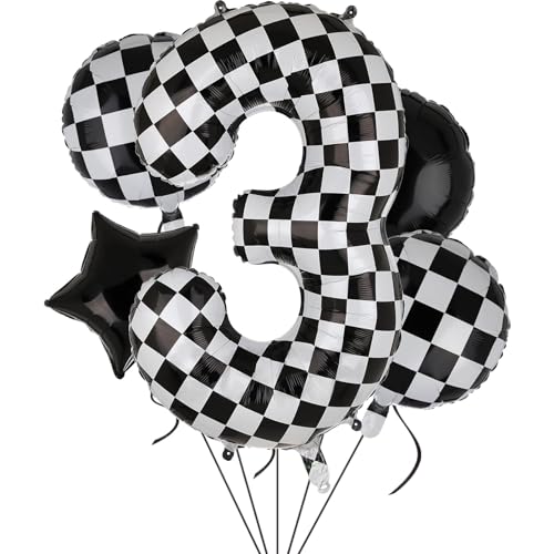 Luftballons Schwarz Weiß Karierte, Folienballon Geburtstag 5 Stück Racing Balloons Black and White Party Deko für 1/2/3 Jahre Kinder Rennsport Thema Party Supplies von ONRAGT