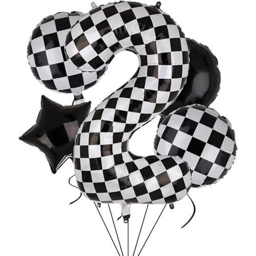 Luftballons Schwarz Weiß Karierte, Folienballon Geburtstag 5 Stück Racing Balloons Black and White Party Deko für 1/2/3 Jahre Kinder Rennsport Thema Party Supplies von ONRAGT