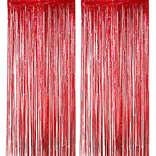 ONUPGO 2 Stück Rot Folienvorhänge Fransen, 1 m x 3 m, glänzendes Metallic-Lametta-Vorhang für Neujahr, Fotokabine, Türvorhang, perfekt für Geburtstag, Hochzeit, Weihnachten, Party-Dekorationen von ONUPGO