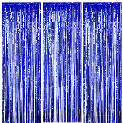 ONUPGO 3 Stück Blau Folienvorhänge Fransen, 1 m x 3 m, glänzendes Metallic-Lametta-Vorhang für Neujahr, Fotokabine, Türvorhang, perfekt für Geburtstag, Hochzeit, Weihnachten, Party-Dekorationen von ONUPGO