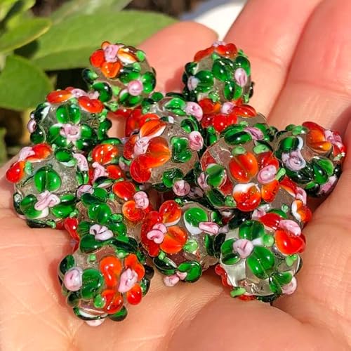 ONURTH 12 mm große Murano-Blume, transparentes Lampwork, rot-weißes Glas, lose Abstandshalter, Perlen für Schmuckherstellung, Armband, Anhänger, Zubehör von ONURTH