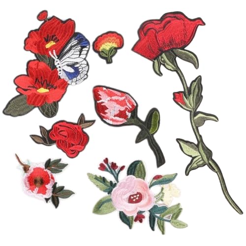 4–28 cm, 7/14 Stück, rote Rose, Blume, kleine große Stickerei-Aufnäher für Kleidung, zum Aufbügeln, Aufnäher, Abzeichen, Stickerei-Aufnäher für Stoff von ONURTH