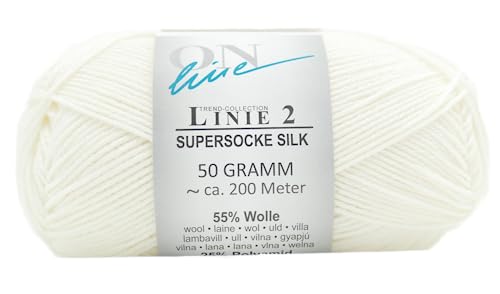 Online Garne Linie 2 Supersocke Silk | weiße Sockenwolle mit Seide und Merinowolle | Sockengarn 4fädig (4fach, 4ply) | 55% Wolle, 25% Polyamid, 20% Seide | Strumpfwolle 50g 200m (01 weiß) von Online Garne