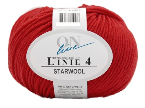 Online Garne Linie 4 Starwool | Reine Merinowolle zum Stricken und Häkeln | 50g Wolle einfarbig uni | Nadelstärke 3,5 bis 4,5 mm (021 | rot) von Online Garne