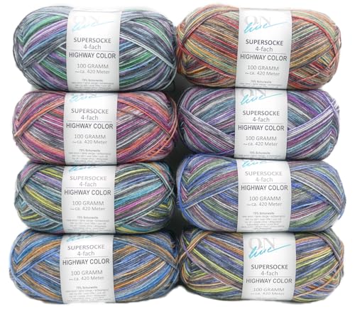 Online Garne Sockenwolle Paket, 8x100g # 373 Highway Color, Strumpfwolle 4-fach mit Farbverlauf, Sockengarn 4-fädig, trocknergeeignet von ONline Garne
