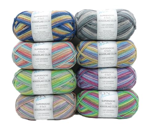 Online Garne Sockenwolle Paket, 8x100g Supersocke 381 Wonderland Color, Strumpfwolle 4-fach mit Farbverlauf, Sockengarn 4-fädig, trocknergeeignet, mulesingfrei von ONline Garne