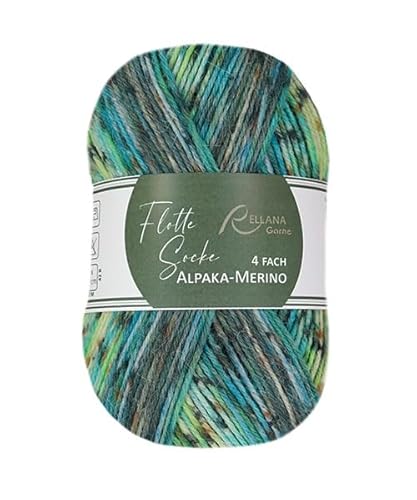 Rellana Alpaka-Sockenwolle, 4-fädig, 100 g, 420 m Lauflänge, 15% Alpaka, Nadelstärke 2-3 mm (3073 blau-grau-grün) von ONline Garne