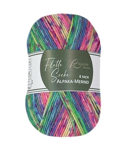 Rellana Alpaka-Sockenwolle, 4-fädig, 100 g, 420 m Lauflänge, 15% Alpaka, Nadelstärke 2-3 mm (3074 pink-lila-grün-gelb) von ONline Garne