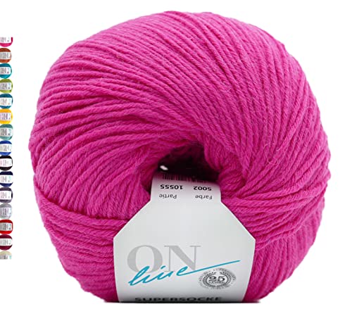 Online Sockenwolle 6-fädig uni pink | Strumpfwolle Supersocke 6-fach 321 Merino einfarbig | dickes Sockengarn mit Merinowolle zum Stricken und Häkeln (5002 Pink) von Online Garne