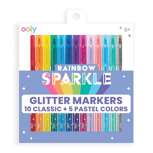 Ooly Glitzerstifte, Regenbogenfarben, 15 Stück, inklusive 5 Pastellmarkern und 10 klassischen Farbmarkern, glitzernde und funkelnde Marker für Kinder, 2 mm Spitze, mittlere Linien, Ooly Glitzerstifte, Regenbogenfarben, 15 Stück, inklusive 5 Pastellmarkern und 10 klassischen Farbmarkern, glitzernde und funkelnde Marker für Kinder, 2 mm Spitze, mittlere Linien, von OOLY