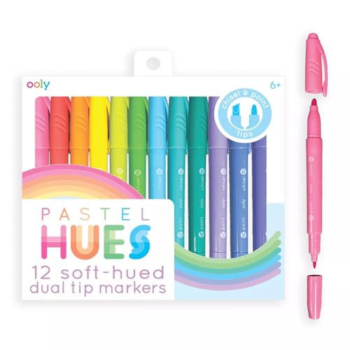 Ooly Pastelltöne Dual Tip Marker - Set mit 12 farbigen Markierungen auf Wasserbasis, Meißel und Spitze auf jedem Marker für Kinder, Doppelseitige Marker für Kunstbedarf und Schreibsets von OOLY