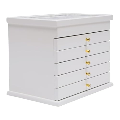 OOPDNEGAK Schmuckschatulle Aus Holz Für Damen, 6-lagiger Organizer Aus Massivholz Für Schmuck, Halsketten, Ringe, Schreibtisch-Aufbewahrungsschrank Im Vintage-Stil(White) von OOPDNEGAK