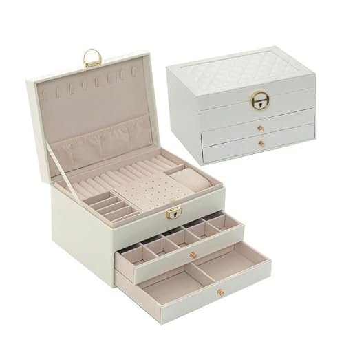OOPDNEGAK Schmuckschatulle Für Den Schreibtisch – 3-lagiger Schmuckschrank, Schmuck-Organizer Mit 2 Schubladen, Schmuckschrank Mit PU-Oberfläche Für Ohrringe, Für Frauen(White) von OOPDNEGAK