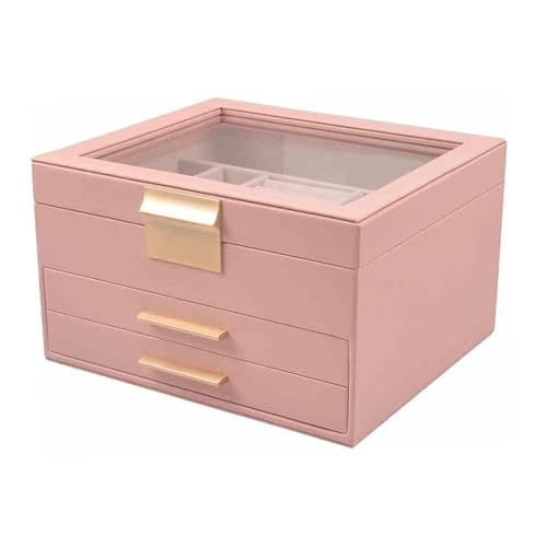OOPDNEGAK Schmuckschatulle Mit 2 Schubladen, 3-lagiger Schmuck-Organizer Für Ohrringe, Aufbewahrungsschrank Mit Großer Kapazität Für Mehrlagige Halsketten, Geschenk Für Die Liebsten(Pink) von OOPDNEGAK
