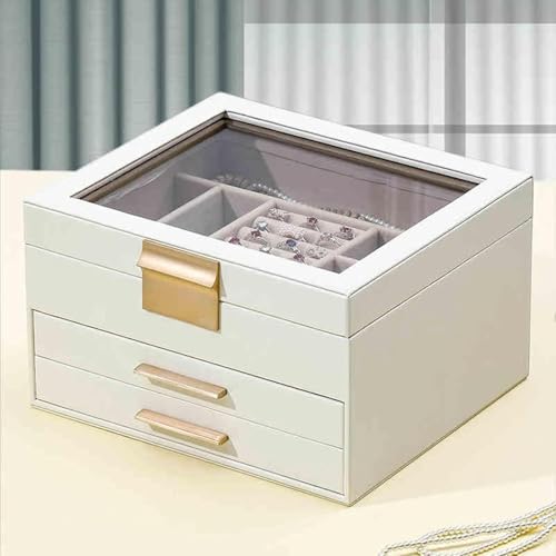 OOPDNEGAK Schmuckschatulle Mit 2 Schubladen, 3-lagiger Schmuck-Organizer Für Ohrringe, Aufbewahrungsschrank Mit Großer Kapazität Für Mehrlagige Halsketten, Geschenk Für Die Liebsten(White) von OOPDNEGAK
