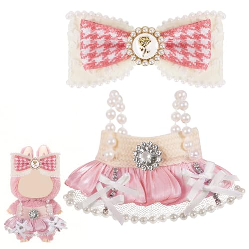 Bekleidung für 17 cm La-bu Plüschtier Puppen, Puppenkleidung Set mit Rosa Kleid & Haarschleife, Kuscheltier Kleidung Outfit Zubehör Set DIY Blind Box Puppe als Kinder Geschenke (Puppe nicht enthalten) von OOTSR