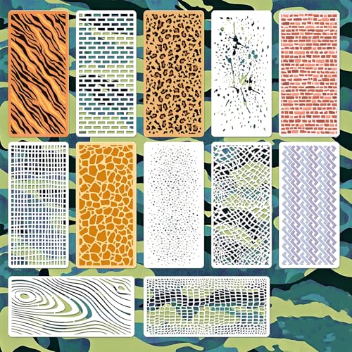 OOTSR 12er Tier Struktur Schablonen, Textur Geometrische Zeichnung Malschablonen, 22x10,5cm Wiederverwendbare Layering Stencils Vorlagen aus Kunststoff für DIY Scrapbooking Möbel Karten Deko von OOTSR