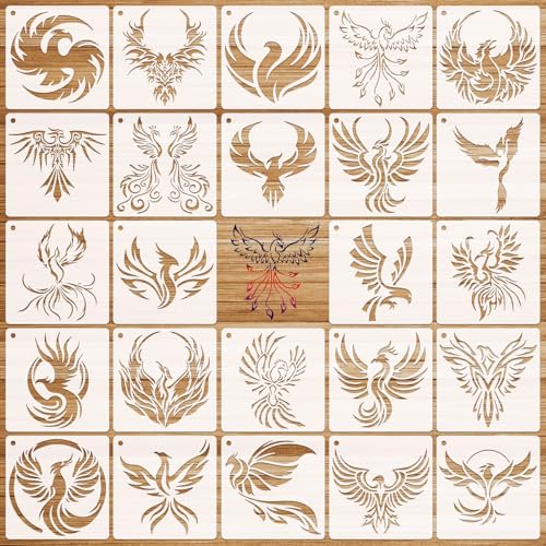 OOTSR 24 Phönix Schablonen zum Malen, 13x13cm Mythische Vogel Vorlage Wiederverwendbare, Stencils Malschablonen für Holz Stoff Papier Wanddeko DIY Basteln Dekoration von OOTSR