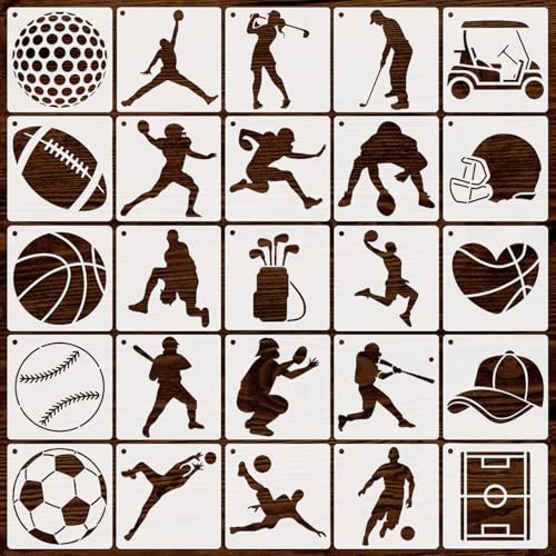 OOTSR 25 Sport-Schablonenset, 13x13 cm Malschablonen mit Metallkette, Wiederverwendbare Kunststoff-Schablonen des Fußball Basketball Golf Mehr für Holz, Stoff, Wand, Leinwand von OOTSR