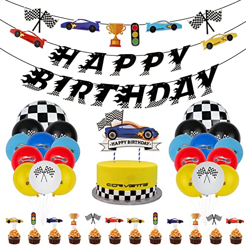 OOTSR 39-Teiliger Rennwagen Party Dekorationen, Geburtstagsparty Partyzubehör für Jungen Kinder (Happy Birthday Banner + Luftballons + Cupcake Topper) von OOTSR