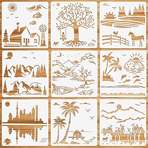 OOTSR 9 Stück Landschaft Schablonen Wandgestaltung Set, Zeichnung Malschablonen DIY Schablonen der Wald Berge Stadt, Kunststoff Vorlagen für Scrapbooking Holz Boden Möbel Fliesen Leinwand Deko OOTSR 9 Stück Landschaft Schablonen Wandgestaltung Set, Zeichnung Malschablonen DIY Schablonen der Wald Berge Stadt, Kunststoff Vorlagen für Scrapbooking Holz Boden Möbel Fliesen Leinwand Deko von OOTSR