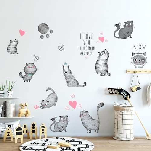 OOTSR Katze Wandtattoo, Niedlich Babyzimmer Wandsticker, Handgezeichnete Katze Wandaufkleber für Kinderzimmer DIY, Schlafzimmer Wanddeko für Junge Mädchen, Grau von OOTSR