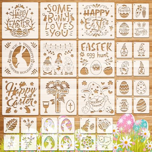 OOTSR 33 Stk Oster-Schablonen, Zeichnung Malschablonen DIY Schablonen der Kaninchen Ei, Vorlagen für Scrapbooking Holz Möbel Leinwand Feiertags-Dekoration von OOTSR