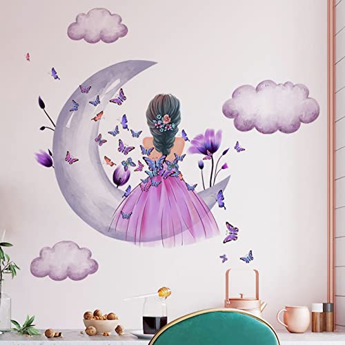 Schmetterlings Mädchen Wandaufkleber, Mond Wolken Blumen Fee Wandtattoo,rosa Blumen Wandbild, bunte Schmetterlinge, Wanddekoration, Baby-Kinderzimmer, Schlafzimmer, Spielzimmer von OOTSR