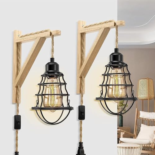 OOWOKS Wandleuchte Innen mit Schalter und Stecker, E27 Vintage Wandlampe Holz Metall Juteseil, Industrie Lese Leuchten für Schlafzimmer Treppenhaus Wohnzimmer 2er von OOWOKS
