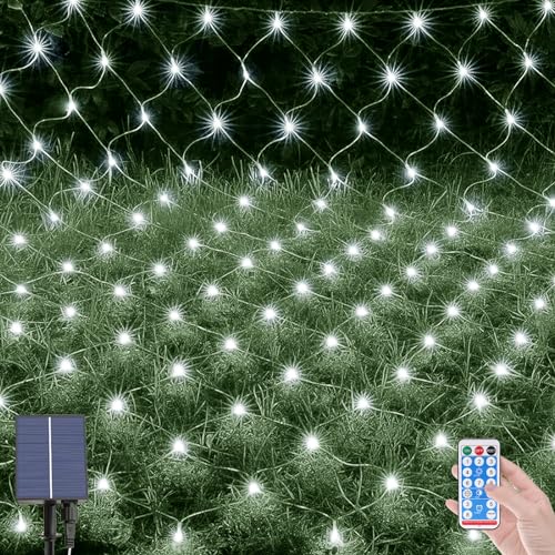 OPAHUTER 96 LEDs Solar Lichternetz Außen, 1,5 x 1,5 M Wasserdichte Lichterkette Netz, Fernbedienung Lichterketten Vorhang mit 8 Modi, Solar Lichternetz für Weihnachten Hochzeit Fenster Büsche von OPAHUTER