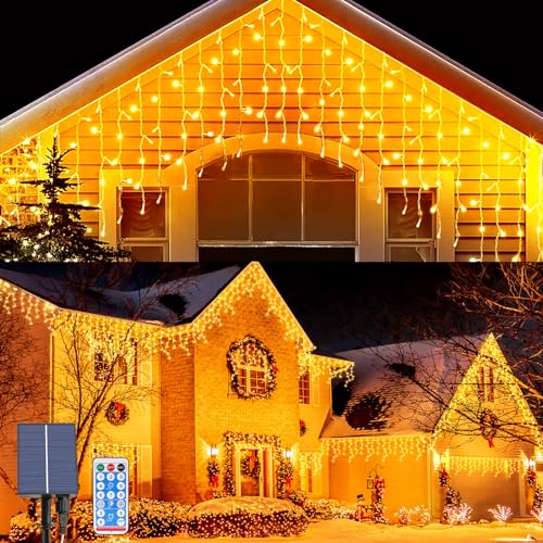 OPAHUTER Solar Eiszapfen Lichterkette Außen, 5 M 128 LEDs Eiszapfen Lichterkette mit 8 Modi, IP65 Wasserdicht, Fernbedienung Eisregen Lichtervorhang für Weihnachten Hochzeit Garten Balkon von OPAHUTER