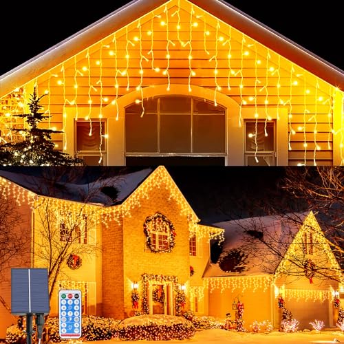 OPAHUTER Solar Eiszapfen Lichterkette Außen, 8 M 264 LEDs Eiszapfen Lichterkette mit 8 Modi, IP65 Wasserdicht, Fernbedienung Eisregen Lichtervorhang für Weihnachten Hochzeit Garten Balkon von OPAHUTER