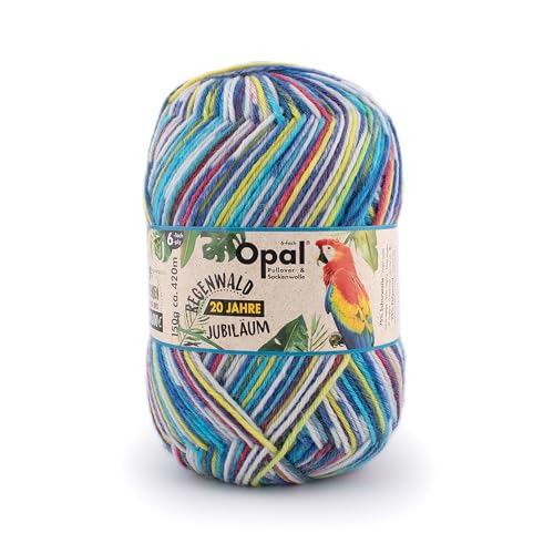 Opal Regenwald 20 Jahre Jubiläum 6-fädig Garn - Wollmischung, zum Stricken von warmen Socken, Pullovern, Mützen, Handschuhen und Schals, 1451 blau/gelb/rot, 1 x 150g von OPAL