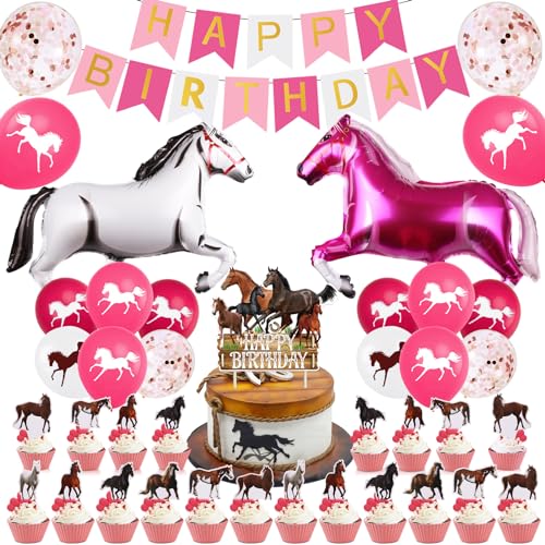 32 Stück Geburtstagsdeko Pferde Mädchen,Pferdedeko fuer Kindergeburtstag,Luftballon Pferd,Torten Deko Pferde,Happy Birthday Banner (A) von OPEIXSAYKOC