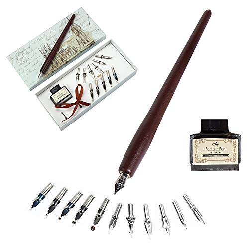 Kalligraphie Stift Set Holz-Füllfederhalter Schreibmappe mit 11 Federn und schwarzer Tinte von OPENDGO