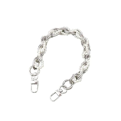 OPIGJUFD Perle Griff Kette Metall Taschen Kette 32,0 cm Kurzer Handtaschengurt Gold Silber Perlen Dekoration Telefon Lanyard Abnehmbare Tasche Hand Mit Schnalle(Silver) von OPIGJUFD