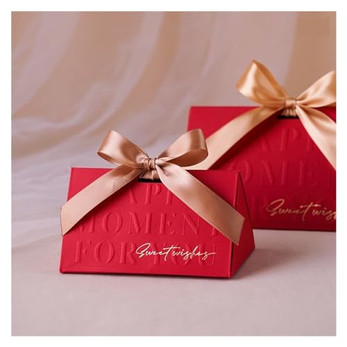 OPIGJUFD Süßigkeitenbox Zur Hochzeit 20 Stück Champagner Gold Schleife Dreieck Hochzeit Süßigkeiten Box Tragbare Geschenkbox Süße Wünsche Glückliche Hochzeit Party Dekor Brautparty(Red,16.8x10x10cm) von OPIGJUFD