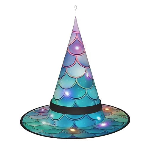 OPSREY Dreamy Gradient Mermaid Scales Printed Adult Light Up Witch Hat Pointy Hat Halloween Party Decoration von OPSREY