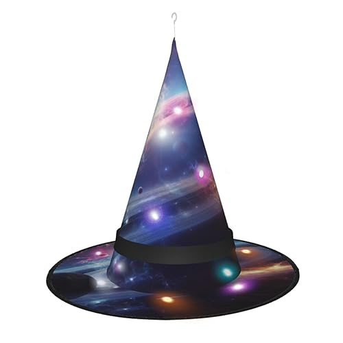 OPSREY Space Planets bedruckter Hexenhut für Erwachsene, beleuchtet, spitzer Hut, Halloween-Party-Dekoration von OPSREY