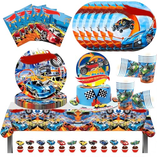 76 Stück Racing Car Partyzubehör Set Hot W-Heel Themen Geburtstag Wiederverwendbare Racing Car Papier Servietten Teller Becher Cake Toppers Tischdecke für Kinder Racing Car Partyzubehör für Geburtstag von OPVXZAD