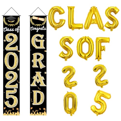 Abschlussfeier Dekoration Set Glückwunsch Abschlussbanner Banner Türbehang Folienballons Class of 2025 Gold für Schulabschluss Partyzubehör Fotorequisiten Jungen Mädchen Abschluss Türdeko Abschluss von OPVXZAD