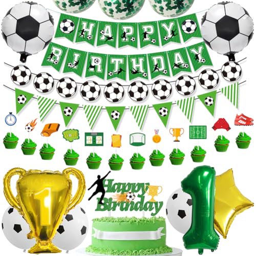 Fußball 1 Geburtstag Deko Set-Grün Folienballon 1,Folienballons Fußball,Latexballons Grün,Trophäe Luftballon,Konfetti Luftballons Green,mit Tortendeko, Ballonband,für 1 Jahre Kinder Anniversaire Party von OPVXZAD
